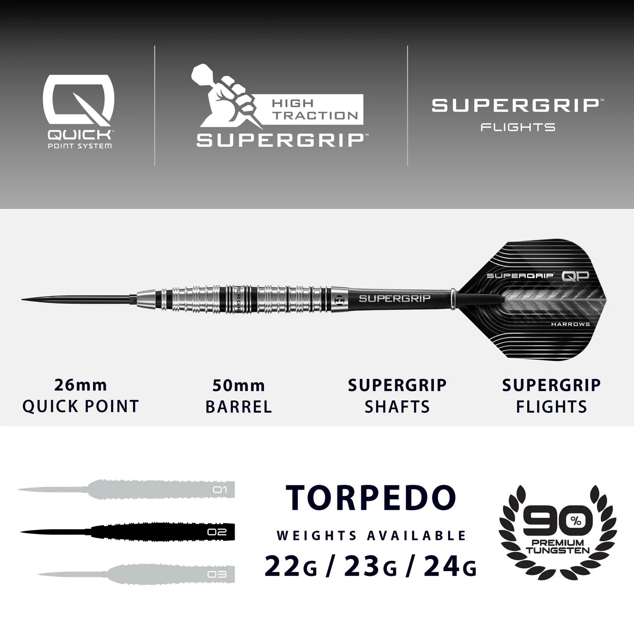 Harrows SUPERGRIP QP TORPEDO 90% Steeldarts - DreamDarts Dartshop