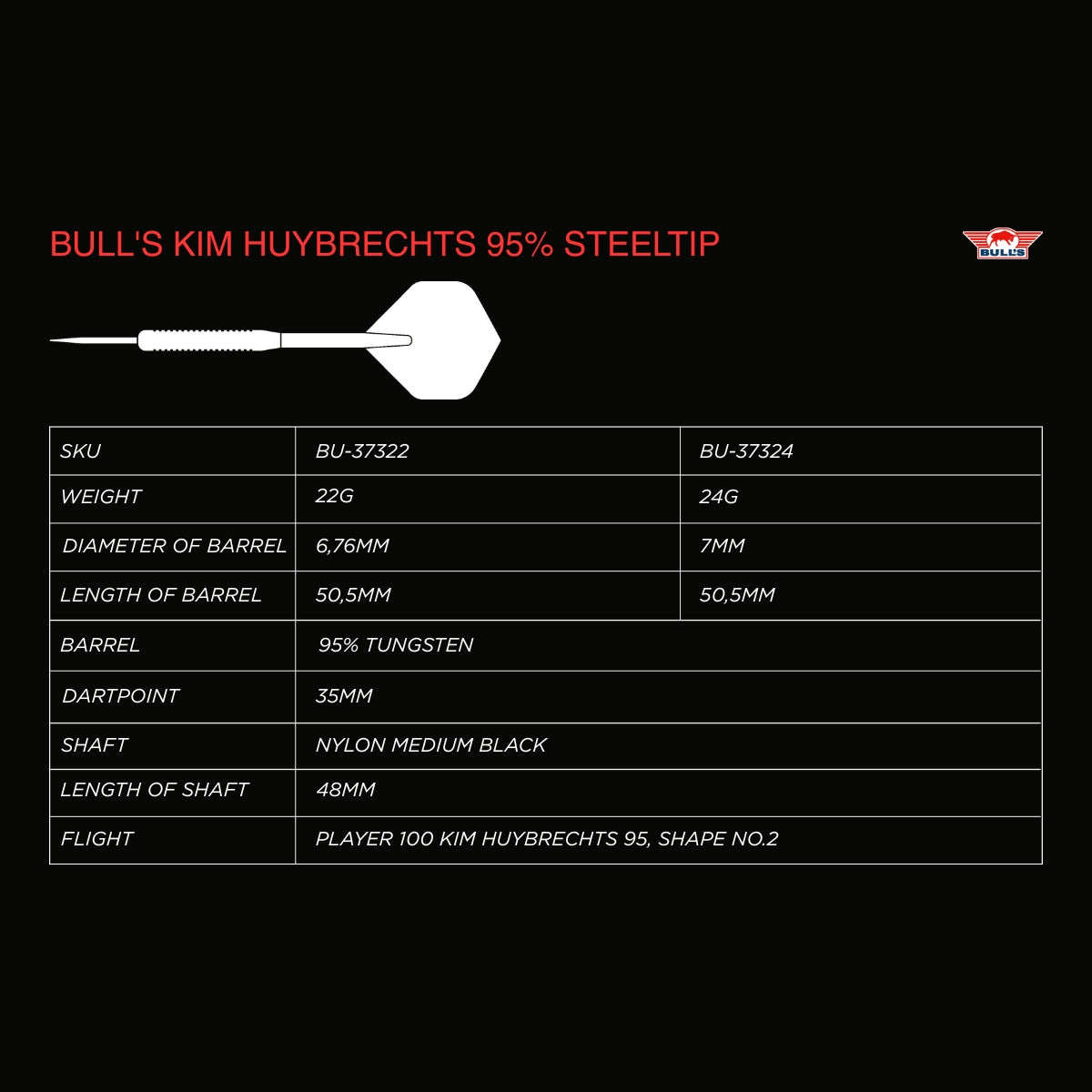 Bull's Kim Huybrechts 95% Steeldarts - DreamDarts Dartshop