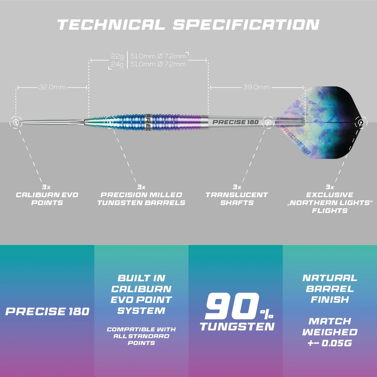 Precise180 Northern Lights 90% Steeldarts - DreamDarts Dartshop
